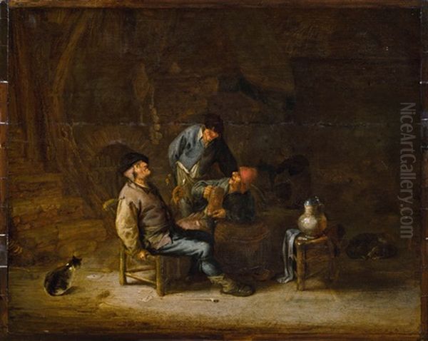 Drei Bauern In Einem Wirtshaus Mit Hund Und Katze Oil Painting by Adriaen Jansz van Ostade