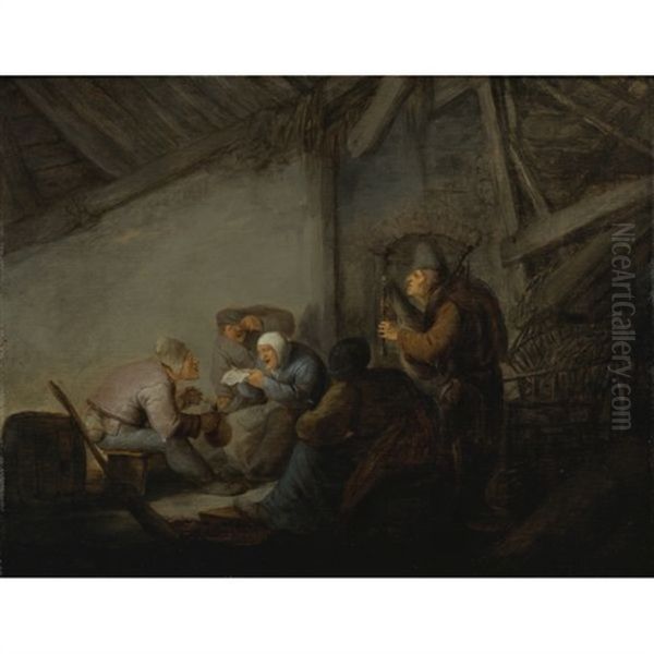 Peasants In A Tavern (a Depiction Of The Sense Of Hearing ?) Oil Painting by Adriaen Jansz van Ostade