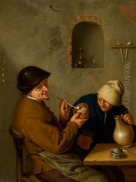 Peasant Courting An Elderly Woman (+ The Smoker; Pair) Oil Painting by Adriaen Jansz van Ostade