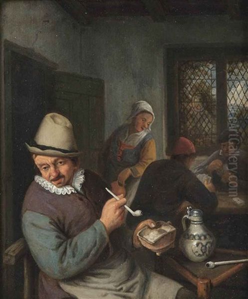 A Tavern Interior With A Peasant Smoking A Pipe And Figures Playing Cards Oil Painting by Adriaen Jansz van Ostade