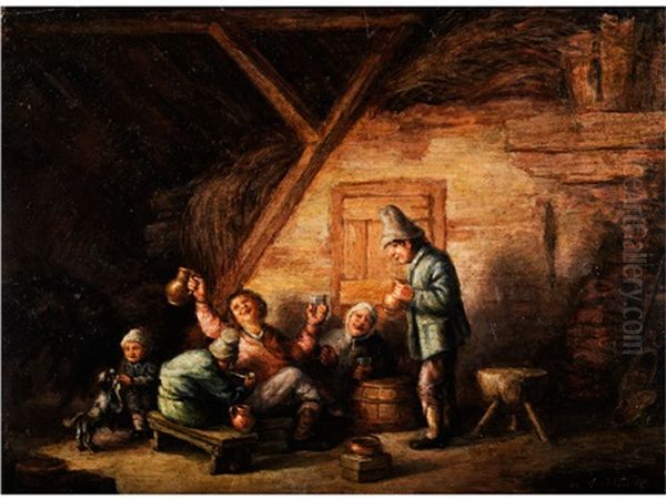 Bauernfamilie In Einer Scheune Um Ein Fass Sitzend Mit Glasern Und Krugen by Adriaen Jansz van Ostade