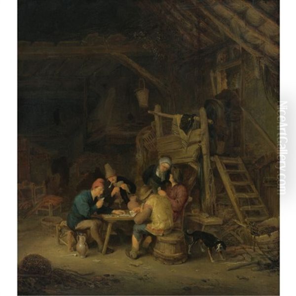 Four Card Players In A Rustic Interior Oil Painting by Adriaen Jansz van Ostade