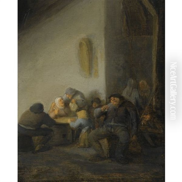 An Interior Of An Inn With Peasants Smoking And Drinking Oil Painting by Adriaen Jansz van Ostade