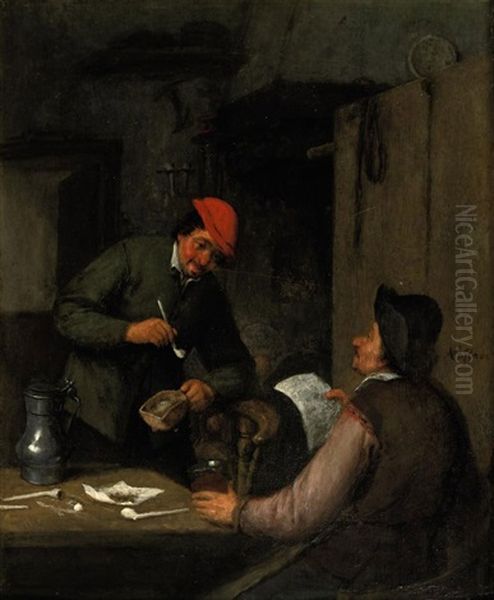 Two Peasants Smoking, Drinking And Reading In An Interior by Adriaen Jansz van Ostade