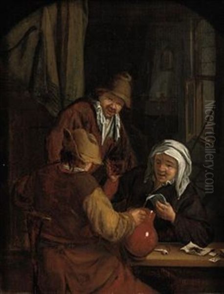 Two Men And A Woman Drinking And Playing Cards In An Inn Oil Painting by Adriaen Jansz van Ostade