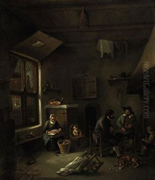 An Interior With A Family By A Fireplace Oil Painting by Adriaen Jansz van Ostade