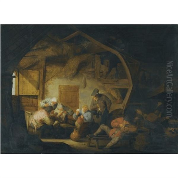 The Interior Of A Barn With Peasants Playing Cards Around A Stool Oil Painting by Adriaen Jansz van Ostade