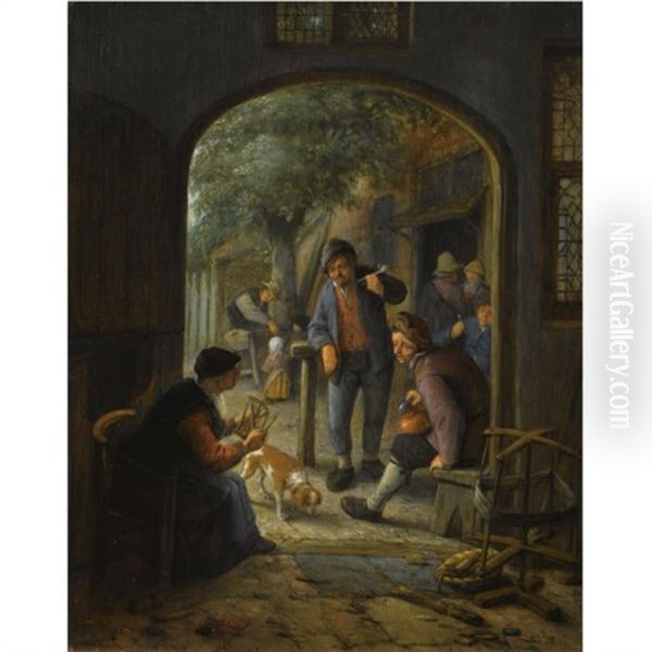 A Spinner Conversing With Two Smoking And Drinking Peasants At The Court-yard Of An Inn, Figures And Children In The Background Oil Painting by Adriaen Jansz van Ostade