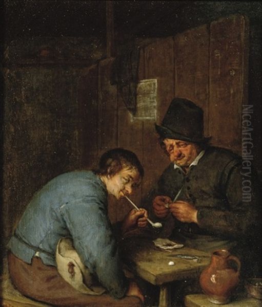 Two Peasants Smoking In An Interior Oil Painting by Adriaen Jansz van Ostade