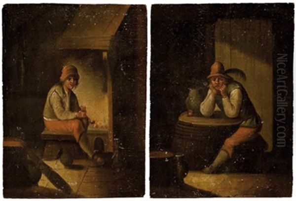 Trinkender Bauer Am Offenen Kamin (+ Trinkender Bauer Am Wirtshaustisch; 2 Works) Oil Painting by Adriaen Jansz van Ostade