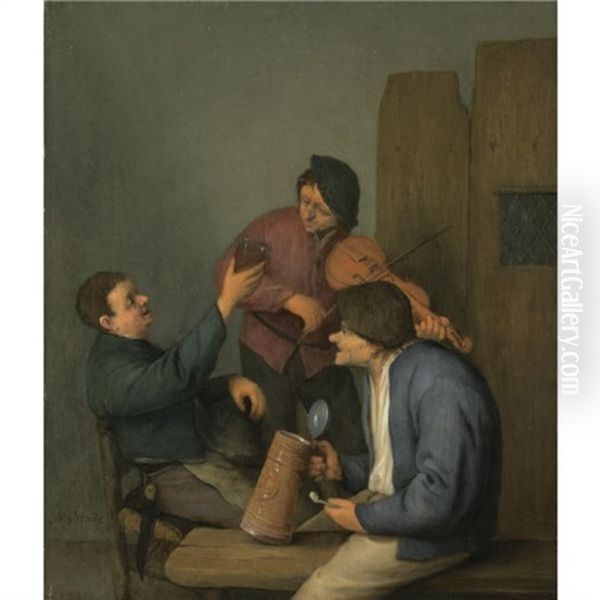 Three Peasants In An Interior Oil Painting by Adriaen Jansz van Ostade