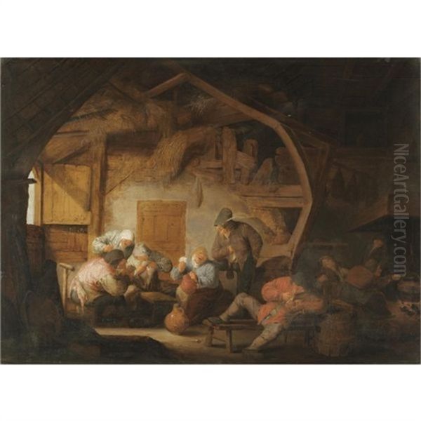 The Interior Of A Barn With Peasants Playing Cards Around A Stool Oil Painting by Adriaen Jansz van Ostade