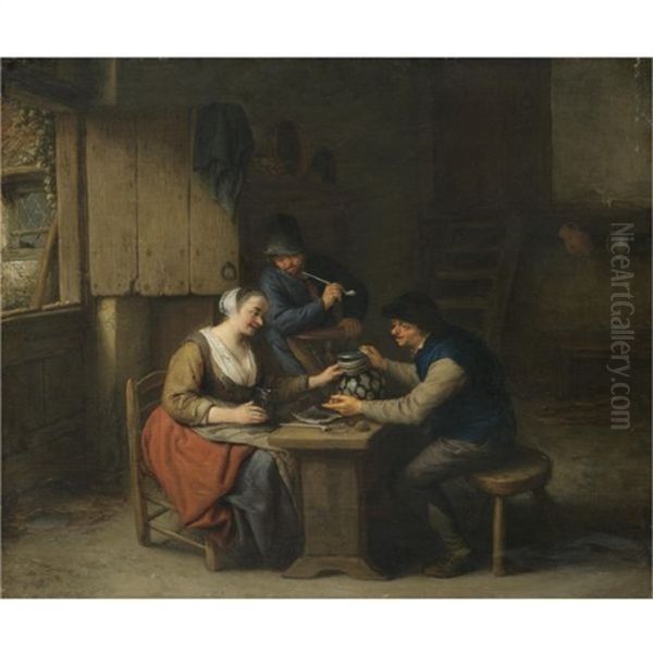 A Tavern Interior With Two Boors Seated At A Table Drinking, A Third Standing Behind Smoking A Pipe Oil Painting by Adriaen Jansz van Ostade