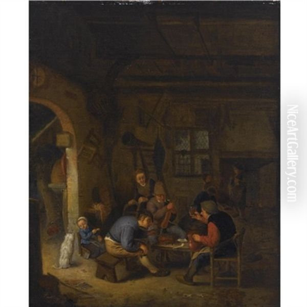 Peasants In An Inn Smoking And Drinking, A Little Girl Feeding A Dog To The Left Oil Painting by Adriaen Jansz van Ostade