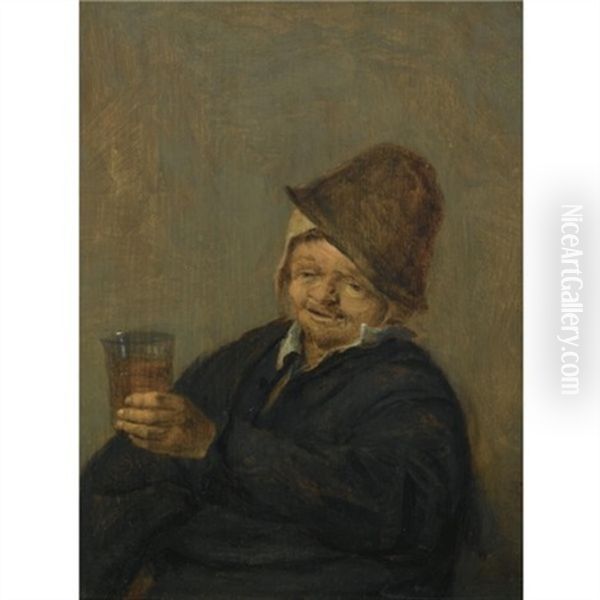 A Study Of An Elderly Peasant, Seated, Holding A Beer Glass Oil Painting by Adriaen Jansz van Ostade