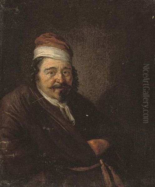 Portrait Of A Man In A Brown Gown And A Red Cap With White Trim Oil Painting by Adriaen Jansz van Ostade