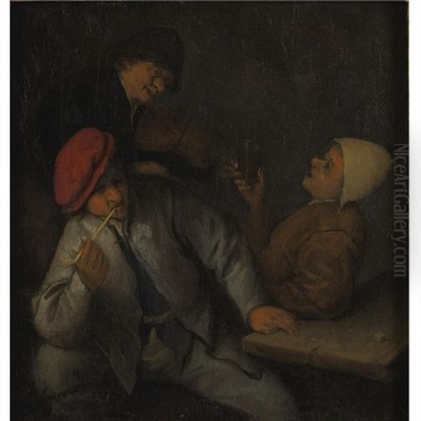 Three Peasants Drinking And Smoking In An Interior Oil Painting by Adriaen Jansz van Ostade