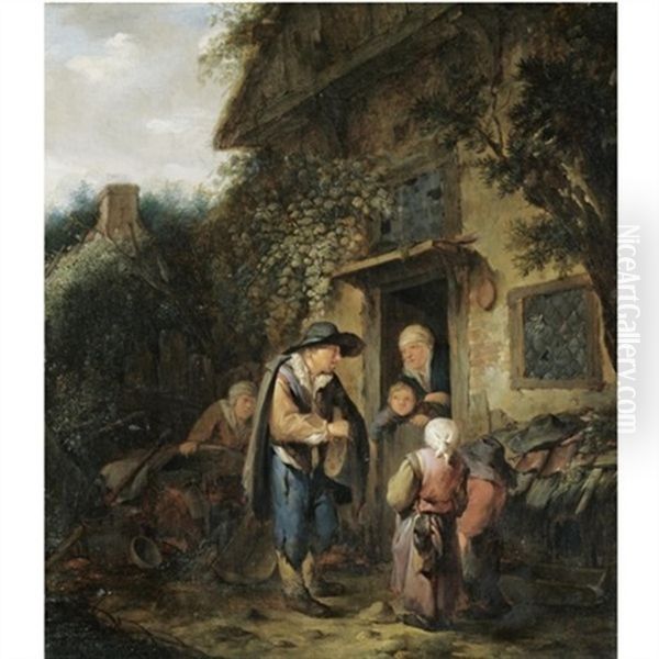 The Exterior Of A Cottage With Peasants Conversing At A Doorway Oil Painting by Adriaen Jansz van Ostade