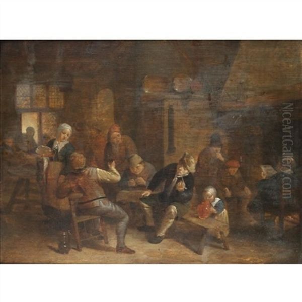 A Tavern Interior With Boors Smoking And Drinking Oil Painting by Adriaen Jansz van Ostade