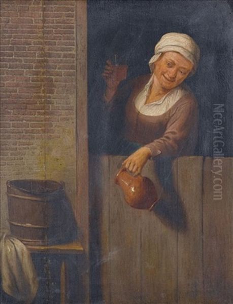 An Old Lady At A Window Holding A Pitcher And A Glass Of Ale by Adriaen Jansz van Ostade