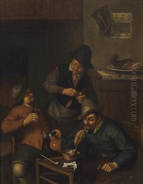 Three Men Smoking A Pipe And Drinking In An Interior Oil Painting by Adriaen Jansz van Ostade