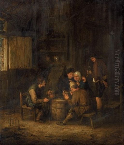 An Interior With Peasants Huddled Around A Cask, Smoking And Drinking Oil Painting by Adriaen Jansz van Ostade