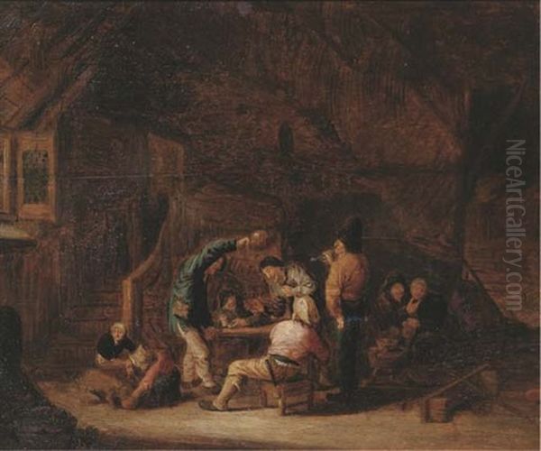 Boors Smoking And Drinking In A Barn Oil Painting by Adriaen Jansz van Ostade