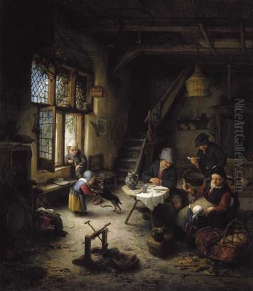 A Peasant Family In A Cottage Interior Oil Painting by Adriaen Jansz van Ostade