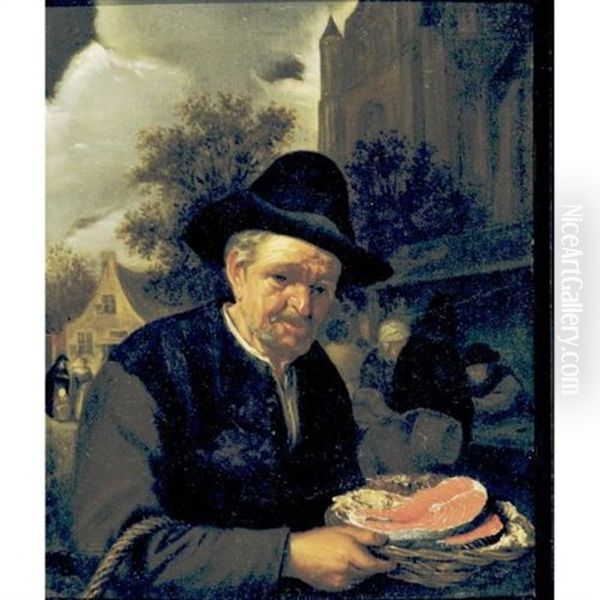 A Peasant Holding A Basket Of Fish In A Market Oil Painting by Adriaen Jansz van Ostade