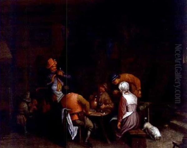 Peasants And Dog In A Tavern Oil Painting by Adriaen Jansz van Ostade