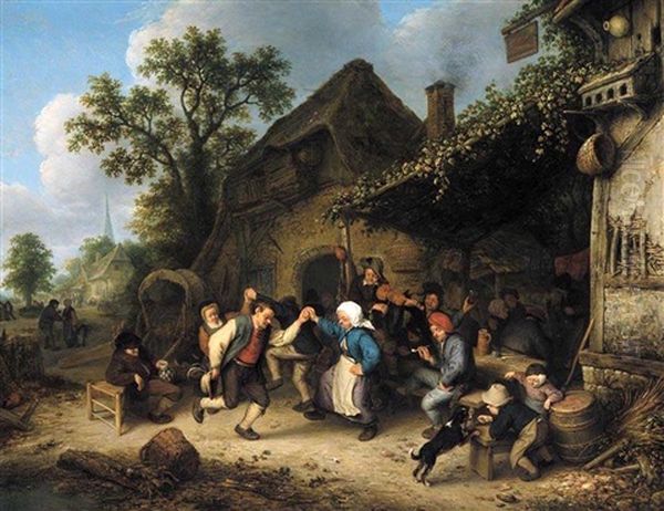 Peasants Carousing And Dancing Outside An Inn Oil Painting by Adriaen Jansz van Ostade