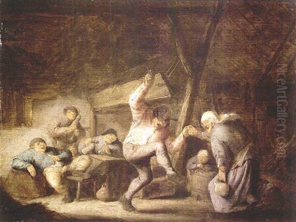 Peasants In An Inn With A Couple Dancing To The Music Of A Bagpipe Player And Others Drinking And Smoking At A Table Oil Painting by Adriaen Jansz van Ostade