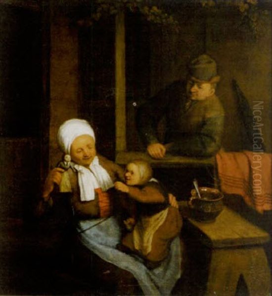 A Couple Entertaining A Young Child Oil Painting by Adriaen Jansz van Ostade