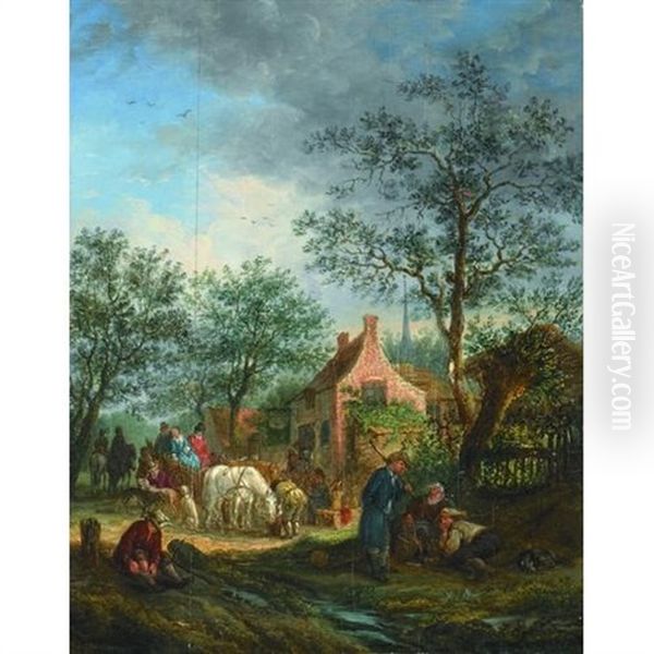 Figures Outside An Inn Oil Painting by Adriaen Jansz van Ostade