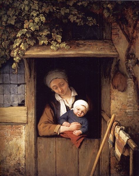 A Mother Holding Her Child In A Doorway Oil Painting by Adriaen Jansz van Ostade