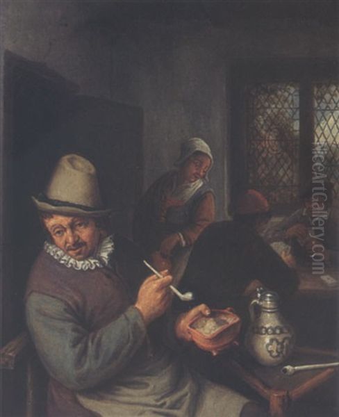 A Peasant Lighting A Pipe In An Inn, Cardplayers In The Background Oil Painting by Adriaen Jansz van Ostade