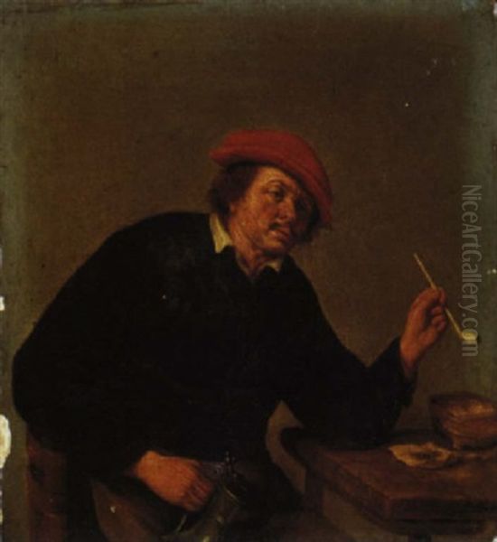 A Boor Smoking A Pipe And Drinking At A Table Oil Painting by Adriaen Jansz van Ostade