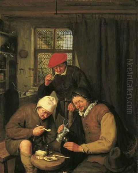 De Drinker: Three Boors Drinking And Smoking In A Spirit House Oil Painting by Adriaen Jansz van Ostade