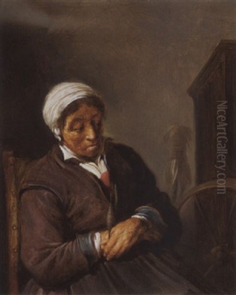 An Old Lady Sleeping At Her Spinning Wheel Oil Painting by Adriaen Jansz van Ostade