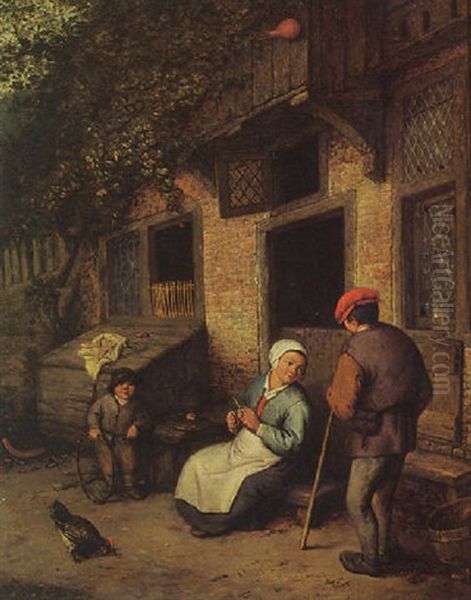 A Man And A Woman Conversing Outside A House, Boy Playing With A Hoop Nearby Oil Painting by Adriaen Jansz van Ostade