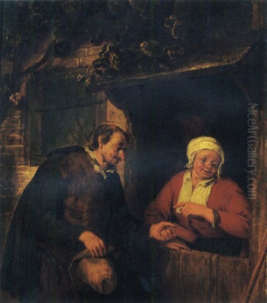 A Traveller Conversing With A Woman At A Cottage Door Oil Painting by Adriaen Jansz van Ostade