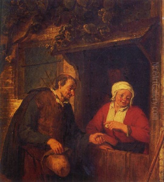 A Traveller Conversing With A Woman At A Cottage Door Oil Painting by Adriaen Jansz van Ostade