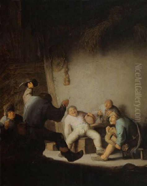 Peasants Drinking And Making Music In A Barn Interior Oil Painting by Adriaen Jansz van Ostade