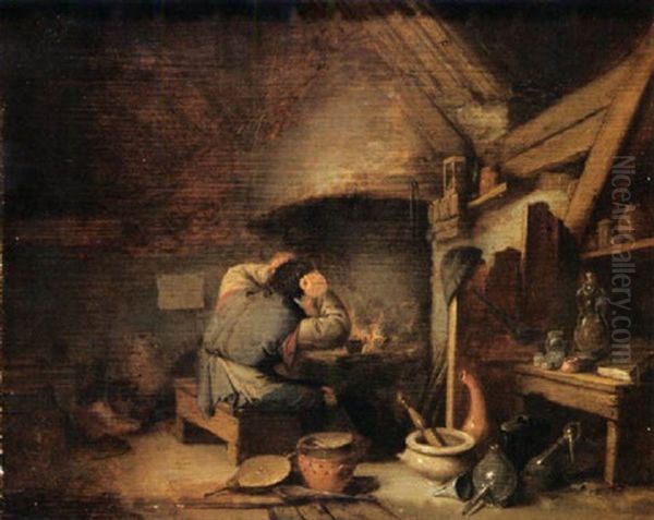 An Alchemist Near A Fireplace In His Studio Oil Painting by Adriaen Jansz van Ostade