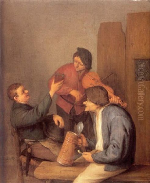 Three Peasants Drinking, Smoking And Playing The Violin In A Tavern Interior Oil Painting by Adriaen Jansz van Ostade