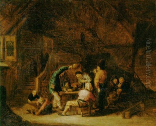 Boors Smoking And Drinking In A Barn Oil Painting by Adriaen Jansz van Ostade