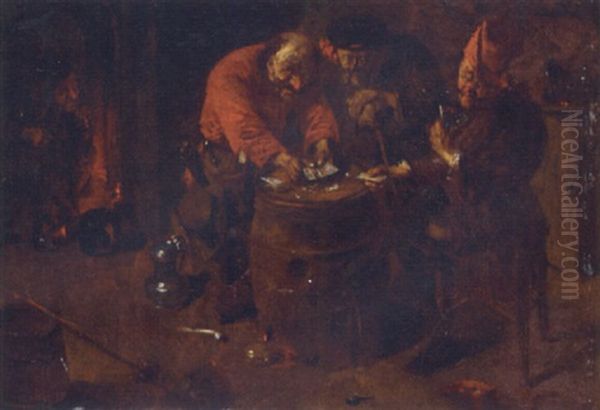 Eldery Peasants Playing Cards On A Barrell In An Interior Oil Painting by Adriaen Jansz van Ostade