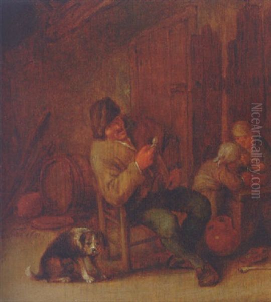 A Boor Smoking In An Inn With A Dog And Two Children Oil Painting by Adriaen Jansz van Ostade