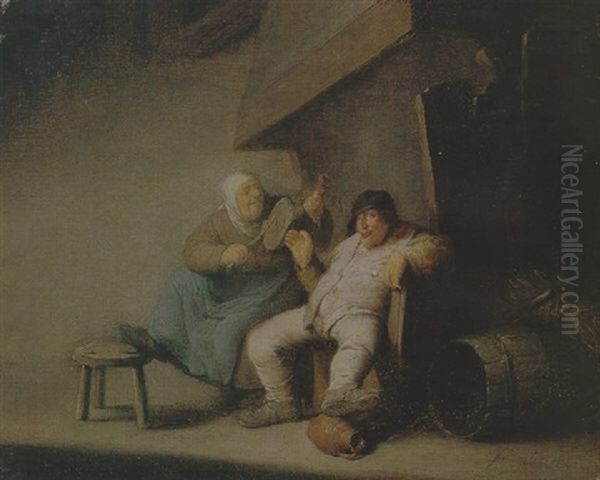 A Peasant Couple In An Interior Oil Painting by Adriaen Jansz van Ostade