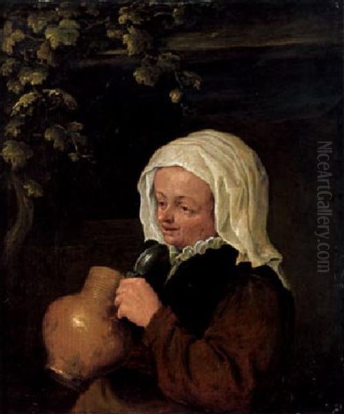 Bildnis Einer Frau Mit Bierkrug Vor Einem Bauernhaus Mit Wildem Wein Oil Painting by Adriaen Jansz van Ostade